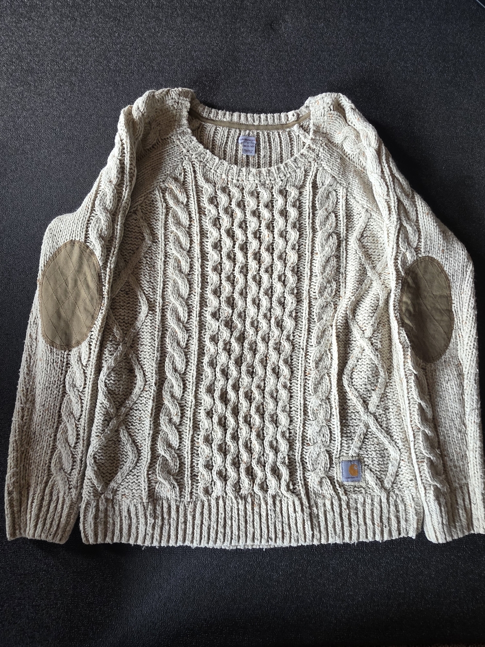 Carhartt Cream Cable Knit Sweater with Elbow Patches